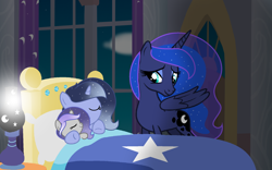 Size: 1940x1208 | Tagged: safe, artist:stellamoonshineyt, princess luna, oc, oc:luminous moon, oc:stella moonshine, pony, g4, baby, baby pony, base used, bed, female, filly, mother and child, mother and daughter, offspring, parent:princess luna, parent:stygian, parents:styuna