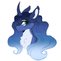 Size: 1280x1280 | Tagged: safe, artist:scarletskitty12, princess luna, alicorn, pony, g4, bust, colored pinnae, curved horn, ear tufts, female, fluffy, horn, looking back, markings, pale belly, simple background, solo, transparent background