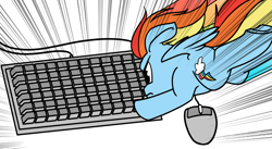 Size: 1100x603 | Tagged: safe, artist:dacaoo, rainbow dash, pegasus, pony, g4, computer mouse, female, flying, keyboard, mare, solo