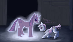 Size: 1280x738 | Tagged: safe, artist:ratscribbles, twilight sparkle, oc, oc:band-aid, ghost, undead, g4, glowing, menacing, scared, spectre, tumblr:sparkles in twilight