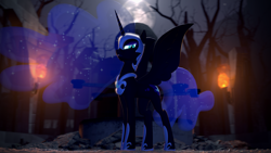 Size: 3840x2160 | Tagged: safe, artist:psfmer, nightmare moon, alicorn, pony, g4, 3d, armor, castle of the royal pony sisters, cutie mark, dead tree, ethereal mane, ethereal tail, female, fire, high res, jewelry, looking at you, looking down, looking down at you, mare, moon, moonlight, night, regalia, rubble, solo, source filmmaker, spread wings, torch, tree, wings