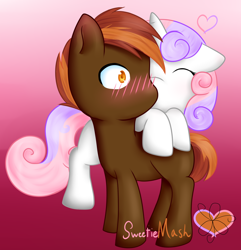 Size: 1400x1450 | Tagged: safe, artist:bl00dyroses, artist:grace-likes-cake, button mash, sweetie belle, earth pony, pony, unicorn, g4, blushing, buttonbetes, cheek kiss, colt, cute, diasweetes, eyes closed, female, filly, gradient background, heart, kissing, male, ship:sweetiemash, shipping, straight