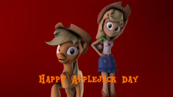 Size: 3840x2160 | Tagged: safe, artist:fazbearsparkle, applejack, earth pony, human, pony, equestria girls, g4, my little pony equestria girls: better together, 3d, applejack day, clothes, high res, human ponidox, looking at you, self ponidox, skirt, smiling, source filmmaker