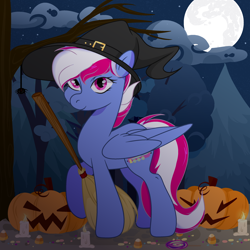 Size: 2500x2500 | Tagged: safe, artist:moonstar, oc, oc only, oc:steam loco, pegasus, pony, spider, broom, candle, candy, commission, cute, folded wings, food, full moon, halloween, hat, high res, holiday, male, moon, pegasus oc, pumpkin, solo, spooky, standing, wings, witch hat, ych result
