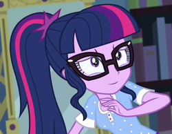 Size: 1390x1080 | Tagged: safe, edit, edited screencap, editor:mycarhasamoustache, screencap, sci-twi, twilight sparkle, equestria girls, g4, my little pony equestria girls: legend of everfree, clothes, cropped, glasses, pajamas, smile edit, solo
