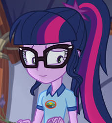 Size: 988x1080 | Tagged: safe, edit, edited screencap, editor:mycarhasamoustache, screencap, sci-twi, twilight sparkle, equestria girls, g4, my little pony equestria girls: legend of everfree, camp everfree outfits, cropped, cute, sci-twiabetes, smile edit, solo, twiabetes