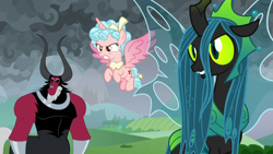 Size: 1920x1080 | Tagged: safe, screencap, cozy glow, lord tirek, queen chrysalis, alicorn, centaur, changeling, changeling queen, pony, g4, the ending of the end, alicornified, bow, cozycorn, female, filly, male, nose piercing, nose ring, piercing, race swap, septum piercing, tail bow, ultimate chrysalis