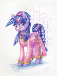 Size: 1200x1612 | Tagged: safe, artist:maytee, twilight sparkle, pony, unicorn, g4, alternate hairstyle, cheongsam, clothes, colored pencil drawing, dress, female, looking at you, mare, solo, traditional art, unicorn twilight