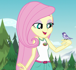 Size: 1166x1080 | Tagged: safe, screencap, fluttershy, bird, equestria girls, g4, my little pony equestria girls: legend of everfree, camp everfree outfits, clothes, cropped, sleeveless, solo, tank top