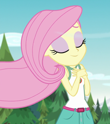 Size: 960x1080 | Tagged: safe, screencap, fluttershy, equestria girls, g4, my little pony equestria girls: legend of everfree, camp everfree outfits, clothes, cropped, cute, shyabetes, sleeveless, solo, tank top, windswept hair