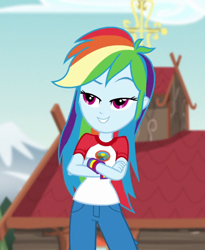 Size: 572x698 | Tagged: safe, screencap, rainbow dash, equestria girls, g4, my little pony equestria girls: legend of everfree, blue eyes, camp everfree outfits, capri pants, clothes, cropped, crossed arms, cute, dashabetes, female, multicolored hair, pink eyes, rainbow hair, raised eyebrow, shirt, smiling, solo, t-shirt, tomboy