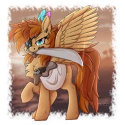 Size: 2000x2000 | Tagged: safe, artist:lionbun, oc, oc:thunder twirl, pegasus, pony, clothes, costume, eyepatch, feather, female, gun, halloween, high res, holiday, holster, mare, mouth hold, nightmare night, patreon, patreon reward