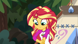 Size: 1920x1080 | Tagged: safe, edit, edited screencap, editor:mycarhasamoustache, screencap, sunset shimmer, equestria girls, g4, my little pony equestria girls: legend of everfree, camp everfree outfits, cute, shimmerbetes, smile edit, solo