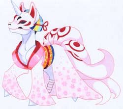 Size: 3345x2965 | Tagged: safe, artist:frozensoulpony, oc, oc:astral allegory, pony, clothes, costume, high res, japanese, kimono (clothing), nightmare night costume, offspring, parent:comet tail, parent:twilight sparkle, parents:cometlight, solo, traditional art