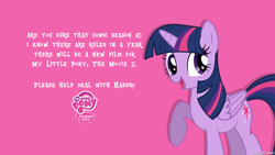 Size: 2560x1440 | Tagged: safe, artist:faze-alan-mskull2019, twilight sparkle, alicorn, pony, g4, caption, cute, engrish, female, logo, looking at you, mare, my little pony logo, op can't let go, pink background, simple background, smiling, solo, text, twilight sparkle (alicorn)