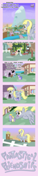 Size: 1500x6877 | Tagged: safe, artist:dinkyuniverse, alula, cloud kicker, cotton cloudy, derpy hooves, linky, pluto, roseluck, sea swirl, seafoam, shoeshine, earth pony, pegasus, pony, unicorn, comic:fantastical friendships, g4, airship, background pony, bubble butt, butt, comic, eyes closed, female, filly, flower, flying, happy, house, mare, morning, mountain, music notes, plot, ponyville, siblings, sisters, whistling
