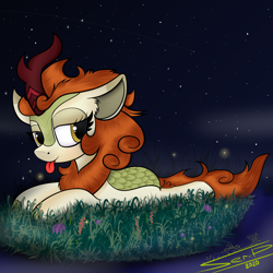 Size: 4000x4000 | Tagged: safe, artist:ser-p, autumn blaze, kirin, g4, :p, absurd resolution, grass, lying down, prone, solo, stars, tongue out