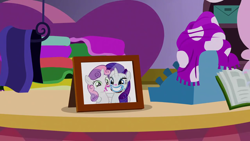 Size: 1280x720 | Tagged: safe, screencap, rarity, sweetie belle, forever filly, g4, background, no pony, photo, picture frame, scenic ponyville