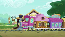 Size: 1280x720 | Tagged: safe, screencap, g4, growing up is hard to do, background, friendship express, no pony, ponyville, ponyville express, scenic ponyville, train station