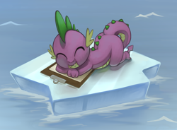 Size: 2192x1613 | Tagged: safe, artist:marsminer, spike, dragon, mlp fim's tenth anniversary, season 1, winter wrap up, ^^, clipboard, cute, eyes closed, featured image, happy birthday mlp:fim, ice, lying down, male, ocean, prone, scene interpretation, sleeping, smiling, solo, spikabetes, sweet dreams fuel, this will end in tears, water