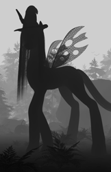 Size: 2151x3319 | Tagged: safe, artist:radiomann01, queen chrysalis, bat, changeling, changeling queen, g4, 3d, bedroom eyes, black and white, blood moon, clothes, crossed legs, detailed background, fangs, female, fern, fog, forest, grayscale, halloween, hat, high res, holiday, horn, jack-o-lantern, looking at you, mane, monochrome, moon, pumpkin, render, silhouette, solo, spread legs, spreading, stone, tail, tree, wings, witch hat