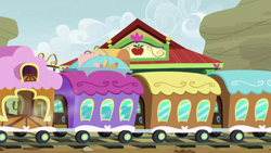 Size: 1280x720 | Tagged: safe, screencap, g4, growing up is hard to do, appleloosa, background, friendship express, no pony, ponyville express, scenic ponyville, train station