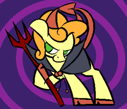 Size: 1400x1200 | Tagged: safe, artist:skookz, carrot top, golden harvest, devil, earth pony, pony, g4, cloak, clothes, cloven hooves, costume, devil costume, devil horns, devil tail, female, floppy ears, halloween, halloween costume, holiday, mare, mischievous, nightmare night, nightmare night costume, pitchfork, simple background, solo