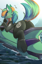 Size: 2054x3111 | Tagged: safe, artist:beardie, oc, oc only, oc:sunny sandbar, pony, unicorn, butt, cute, dock, female, high res, jet ski, looking at you, looking back, looking back at you, mare, outdoors, plot, raised tail, smiling, solo, tail, underhoof, water, wetsuit