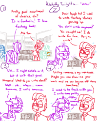 Size: 4779x6013 | Tagged: safe, artist:adorkabletwilightandfriends, minuette, peppermint goldylinks, twilight sparkle, oc, oc:lawrence, alicorn, earth pony, pony, comic:adorkable twilight and friends, g4, adorkable, adorkable twilight, blushing, bonding, book, bookshelf, butt, comic, cute, dork, embarrassed, fanfic, friendship, friendship student, funny, glasses, glowing horn, horn, humor, indoors, levitation, library, magic, magic aura, necktie, nervous, plot, silly, slice of life, smut, sweat, sweating profusely, telekinesis, twilight sparkle (alicorn)