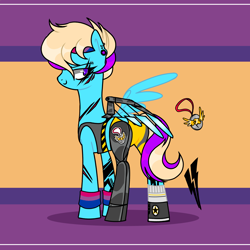Size: 4000x4000 | Tagged: safe, artist:bonpikabon, oc, oc only, oc:machiko, pegasus, pony, amputee, artificial wings, augmented, bisexual pride flag, boots, clothes, converse, ear piercing, earring, eye scar, eyebrow piercing, female, headband, jewelry, mare, piercing, pride, pride flag, prosthetic leg, prosthetic limb, prosthetic wing, prosthetics, scar, shoes, shorts, smiling, smirk, socks, solo, sports shorts, sticker, sweatband, tank top, tattoo, wings