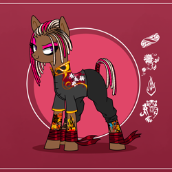 Size: 4000x4000 | Tagged: safe, artist:bonpikabon, oc, oc only, oc:june blaze, earth pony, pony, bandage, clothes, cornrows, eyebrow piercing, eyeshadow, female, makeup, mare, pants, piercing, raised eyebrow, ribbon, shirt, smiling, smirk, solo, tape, tattoo