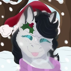 Size: 630x630 | Tagged: safe, alternate version, artist:darestorm, oc, oc only, earth pony, pony, :p, bust, christmas, clothes, earth pony oc, hat, holiday, holly, outdoors, santa hat, scarf, snow, solo, tongue out, tree