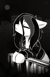 Size: 1975x2999 | Tagged: safe, artist:dipfanken, oc, oc only, earth pony, pony, city, clothes, eyes closed, jacket, monochrome, solo
