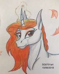 Size: 1080x1350 | Tagged: safe, artist:stargazerseven, oc, oc only, pony, unicorn, bust, glowing horn, horn, leaves, smiling, solo, traditional art, unicorn oc
