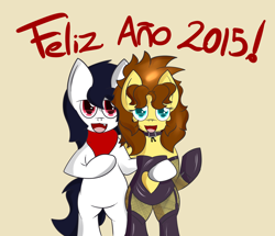 Size: 2000x1722 | Tagged: safe, artist:almaustral, oc, oc only, oc:billy rose, oc:lighting wind, earth pony, pony, :d, bipedal, clothes, duo, earth pony oc, happy new year 2015, male, neckerchief, open mouth, side hug, simple background, smiling, stallion