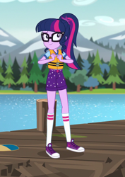 Size: 634x898 | Tagged: safe, screencap, sci-twi, twilight sparkle, equestria girls, g4, my little pony equestria girls: legend of everfree, camp everfree outfits, cropped, forest, lake, lifejacket, mountain, pier, solo