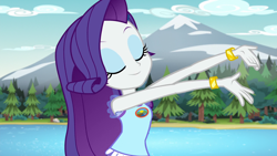 Size: 1920x1080 | Tagged: safe, screencap, rarity, equestria girls, g4, my little pony equestria girls: legend of everfree, bracelet, camp everfree logo, camp everfree outfits, cute, eyes closed, eyeshadow, female, jewelry, makeup, raribetes, smiling, solo
