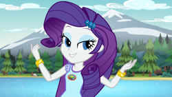 Size: 1920x1080 | Tagged: safe, screencap, rarity, equestria girls, g4, my little pony equestria girls: legend of everfree, bracelet, camp everfree, camp everfree logo, camp everfree outfits, female, jewelry, looking at you, mountain, mountain range, outdoors, pine tree, solo, tree