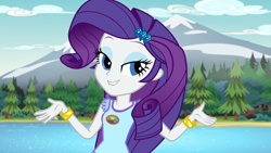 Size: 1920x1080 | Tagged: safe, screencap, rarity, equestria girls, g4, my little pony equestria girls: legend of everfree, bracelet, camp everfree logo, camp everfree outfits, female, jewelry, lip bite, looking at you, solo