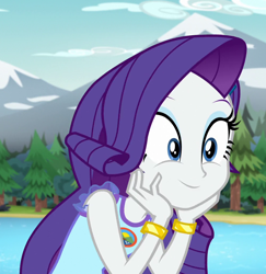 Size: 996x1026 | Tagged: safe, screencap, rarity, equestria girls, g4, my little pony equestria girls: legend of everfree, camp everfree logo, camp everfree outfits, cropped, cute, female, jewelry, raribetes, solo