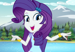 Size: 1568x1080 | Tagged: safe, screencap, rarity, equestria girls, g4, my little pony equestria girls: legend of everfree, bracelet, camp everfree outfits, cropped, female, jewelry, looking at you, mountain, mountain range, open mouth, outdoors, solo