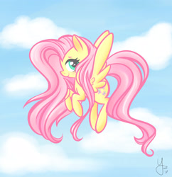 Size: 3893x4014 | Tagged: safe, artist:yasikins, fluttershy, pegasus, pony, g4, cloud, cute, female, flying, heart eyes, high res, mare, profile, shyabetes, sky, solo, wingding eyes