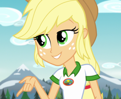 Size: 1316x1080 | Tagged: safe, screencap, applejack, equestria girls, g4, my little pony equestria girls: legend of everfree, camp everfree outfits, cropped, smiling, solo