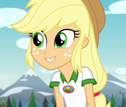 Size: 1270x1080 | Tagged: safe, screencap, applejack, equestria girls, g4, my little pony equestria girls: legend of everfree, camp everfree outfits, cropped, cute, jackabetes, smiling, solo