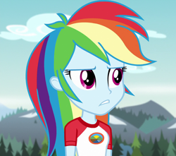 Size: 1224x1080 | Tagged: safe, screencap, rainbow dash, equestria girls, g4, my little pony equestria girls: legend of everfree, camp everfree outfits, clothes, cropped, cute, dashabetes, not impressed, shirt, solo, t-shirt