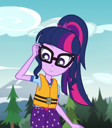 Size: 948x1080 | Tagged: safe, edit, edited screencap, editor:mycarhasamoustache, screencap, sci-twi, twilight sparkle, equestria girls, g4, my little pony equestria girls: legend of everfree, camp everfree outfits, cropped, lifejacket, smile edit, solo