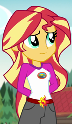 Size: 536x924 | Tagged: safe, edit, edited screencap, editor:mycarhasamoustache, screencap, sunset shimmer, equestria girls, g4, my little pony equestria girls: legend of everfree, camp everfree outfits, clothes, cropped, cutie mark, cutie mark on clothes, smile edit, solo