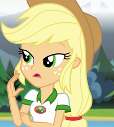Size: 931x1038 | Tagged: safe, screencap, applejack, equestria girls, g4, my little pony equestria girls: legend of everfree, camp everfree outfits, cropped, solo