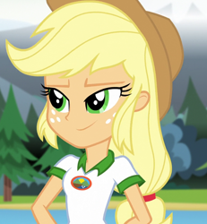 Size: 974x1052 | Tagged: safe, screencap, applejack, equestria girls, g4, my little pony equestria girls: legend of everfree, camp everfree outfits, cropped, solo
