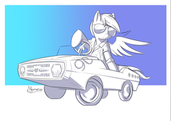 Size: 3508x2480 | Tagged: safe, artist:madgehog, rainbow dash, pegasus, pony, g4, car, clothes, female, glasses, high res, lineart, mare, shirt, spread wings, sunglasses, watch, wings
